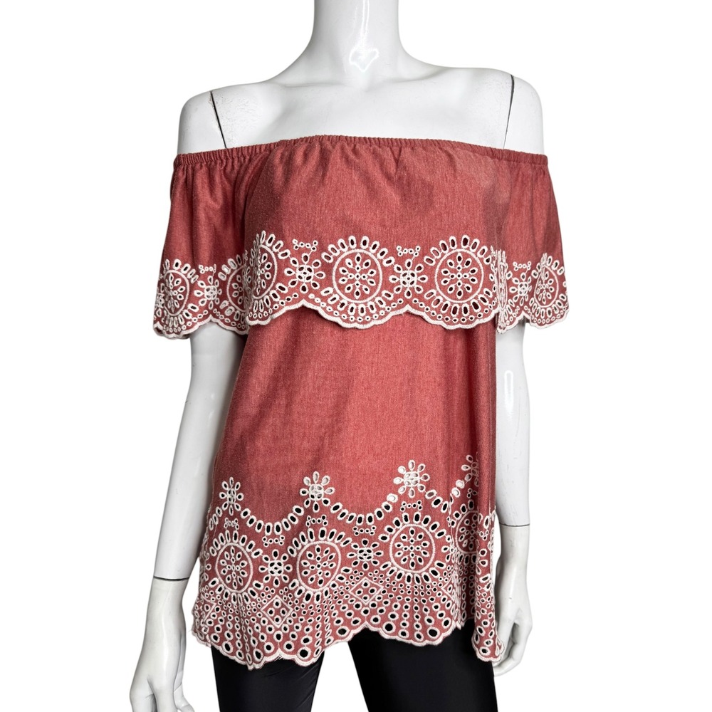 Fever Women Red Eyelet Embroidered Off The Shoulder Scalloped Boho Top Size M